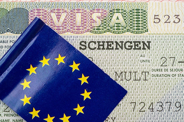 european flag over the visa document